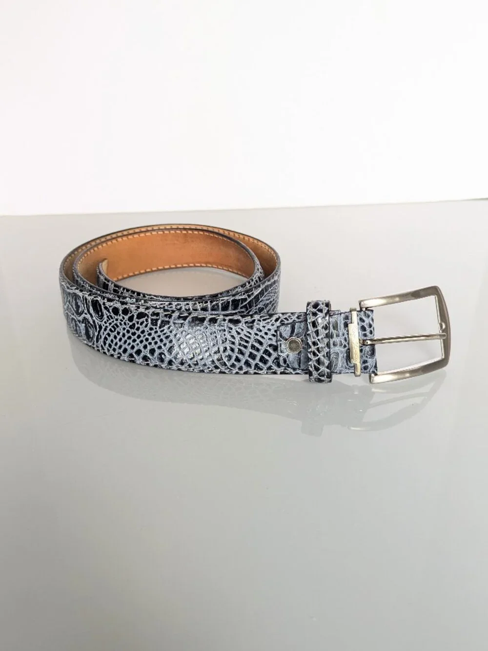 Roger Ximenez Black Shadow Mock Croc Embossed Italian Leather Belt Brass Buckle